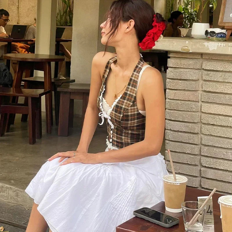 Dark Brown Plaid V-Neck Halter Top with Lace Back