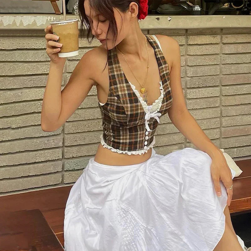 Dark Brown Plaid V-Neck Halter Top with Lace Back