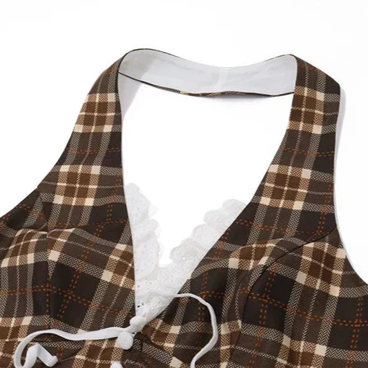 Dark Brown Plaid V-Neck Halter Top with Lace Back