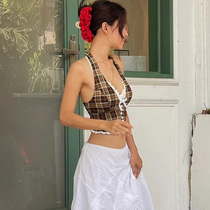 Dark Brown Plaid V-Neck Halter Top with Lace Back