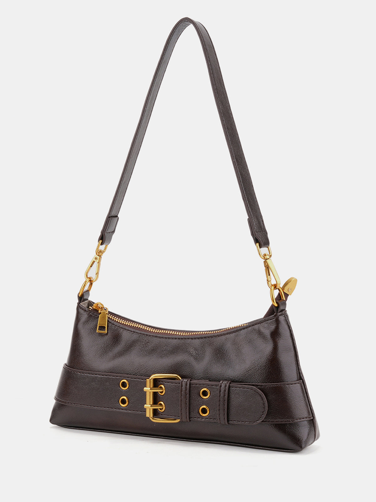 Dark Brown Vintage Baguette Bag with Buckle Details