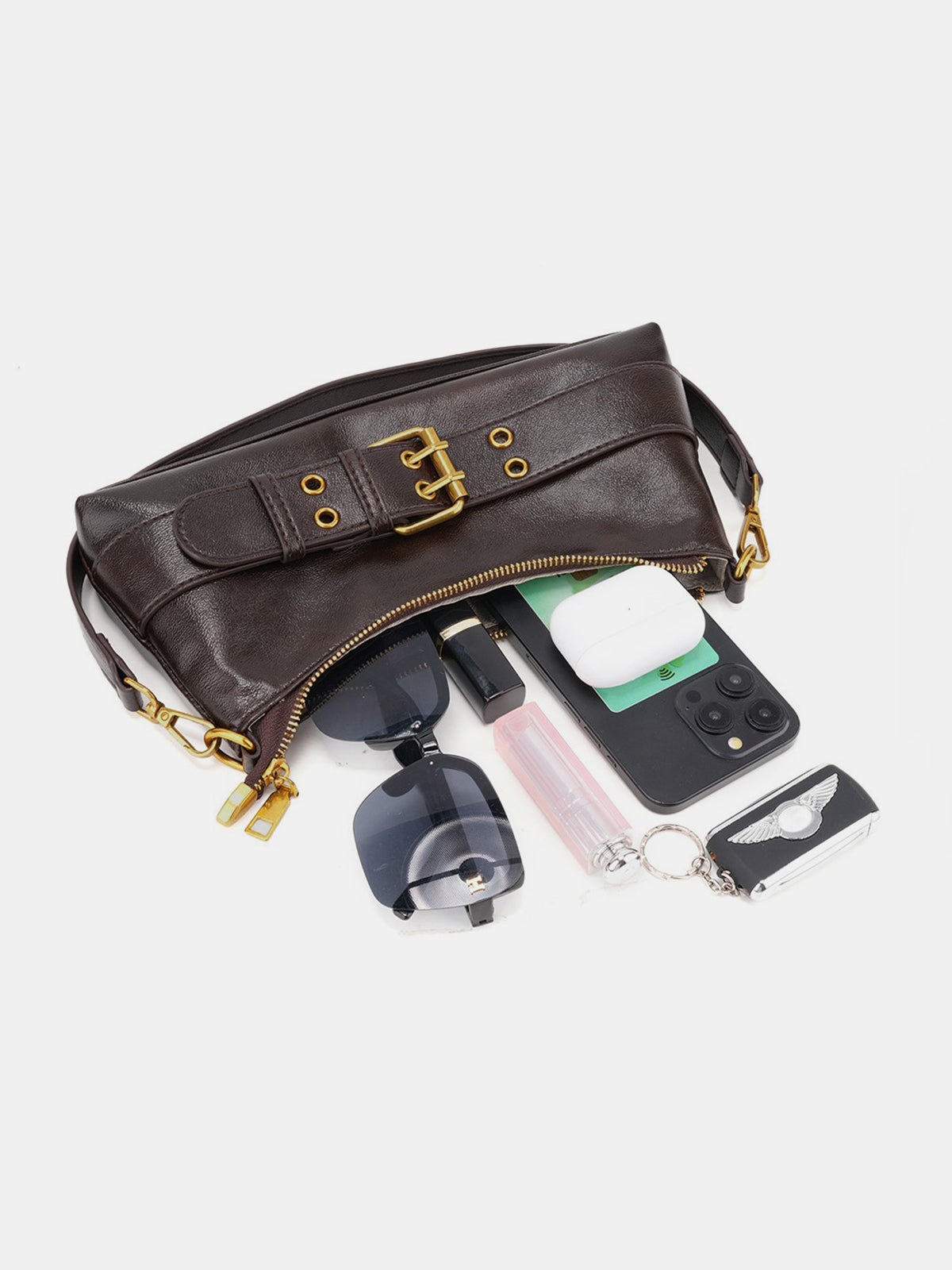 Dark Brown Vintage Baguette Bag with Buckle Details