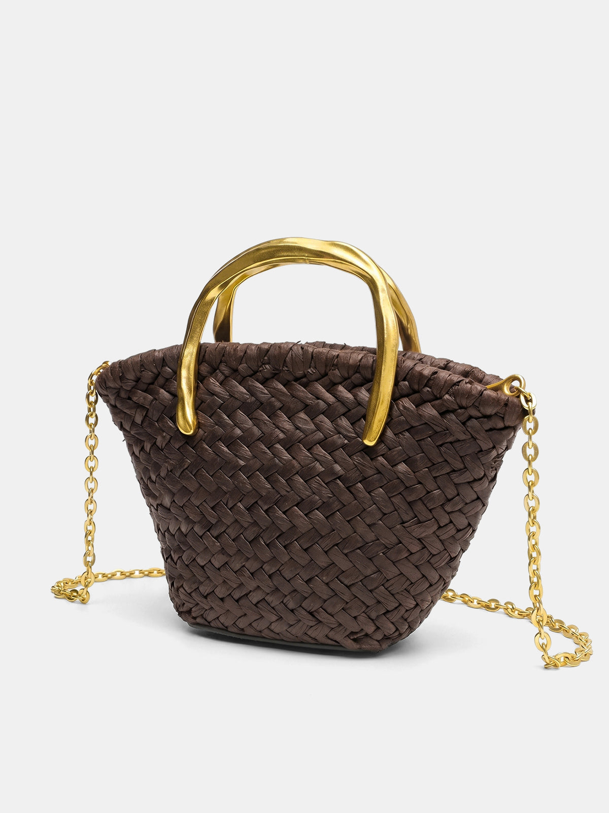 Dark Brown Woven Crossbody Bag with Metal Handle