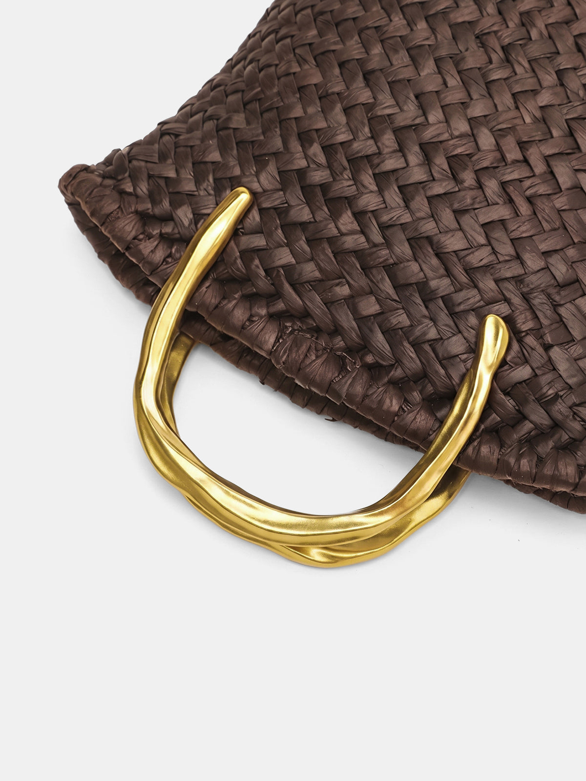 Dark Brown Woven Crossbody Bag with Metal Handle
