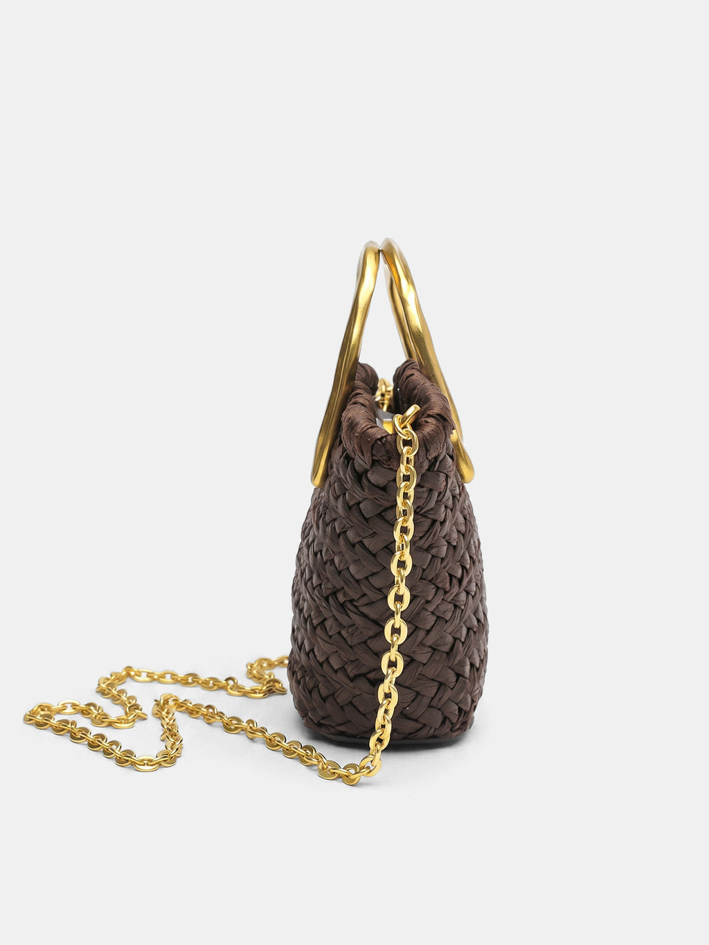Dark Brown Woven Crossbody Bag with Metal Handle