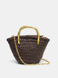 Dark Brown Woven Crossbody Bag with Metal Handle