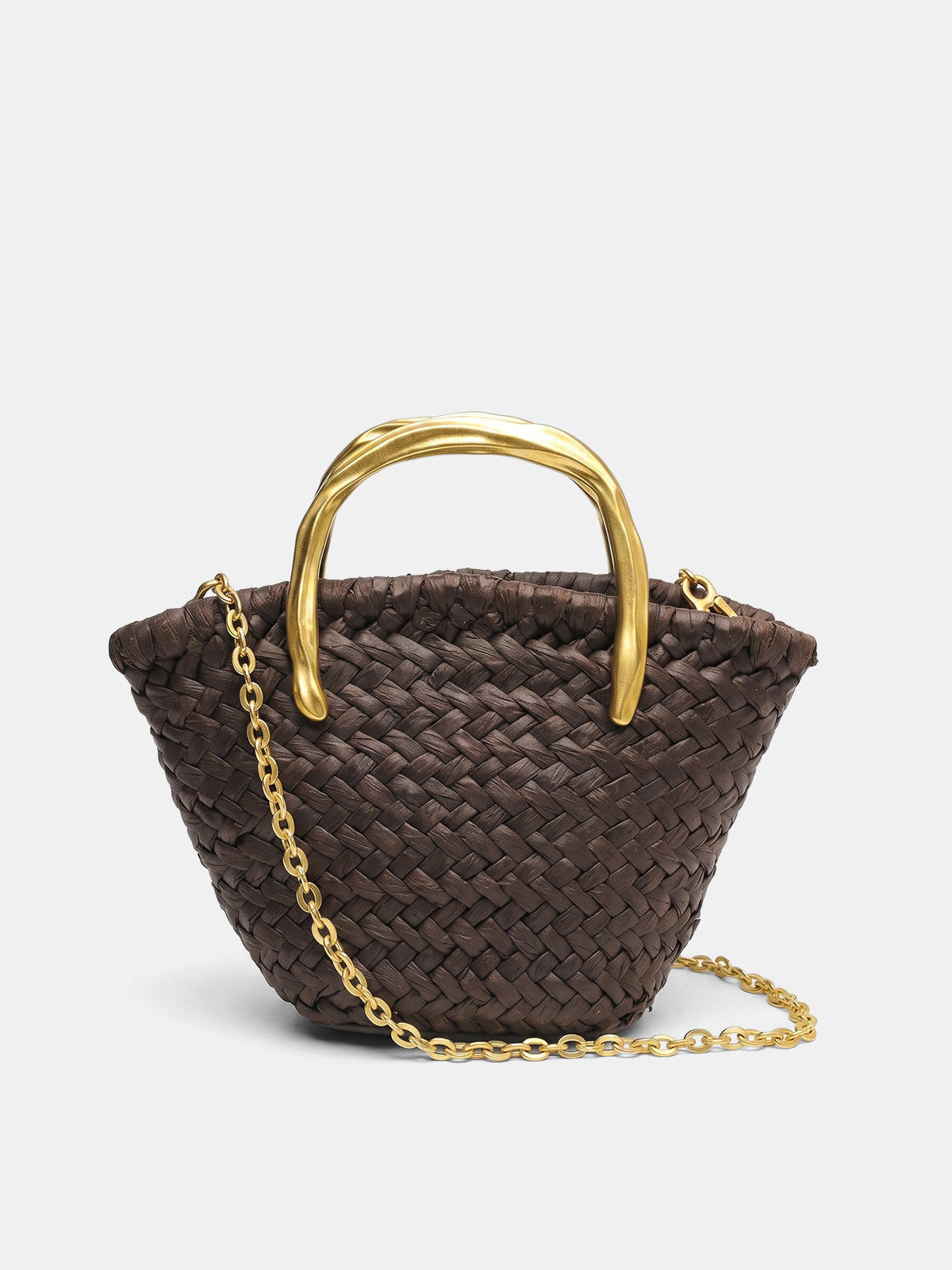 Dark Brown Woven Crossbody Bag with Metal Handle