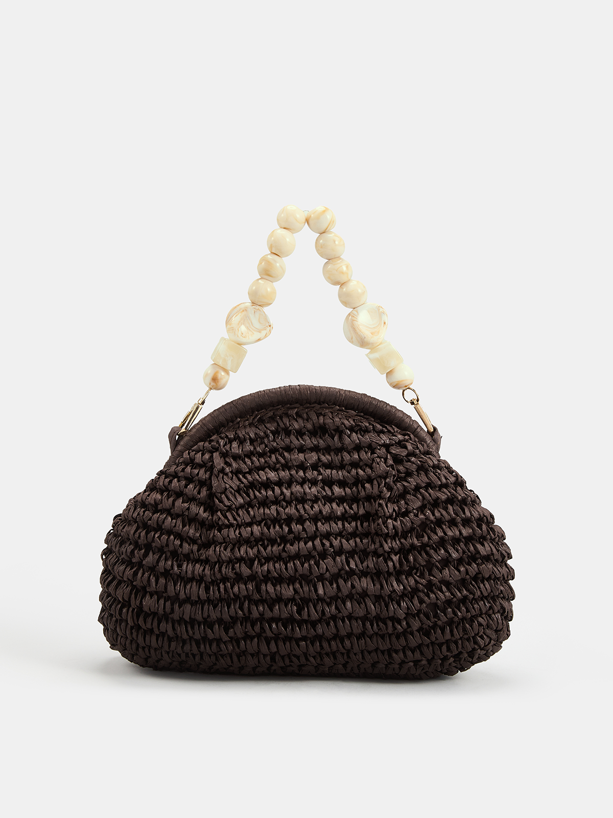 Dark Brown Woven Straw Handbag with Marble Bead Chain