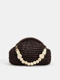Dark Brown Woven Straw Handbag with Marble Bead Chain