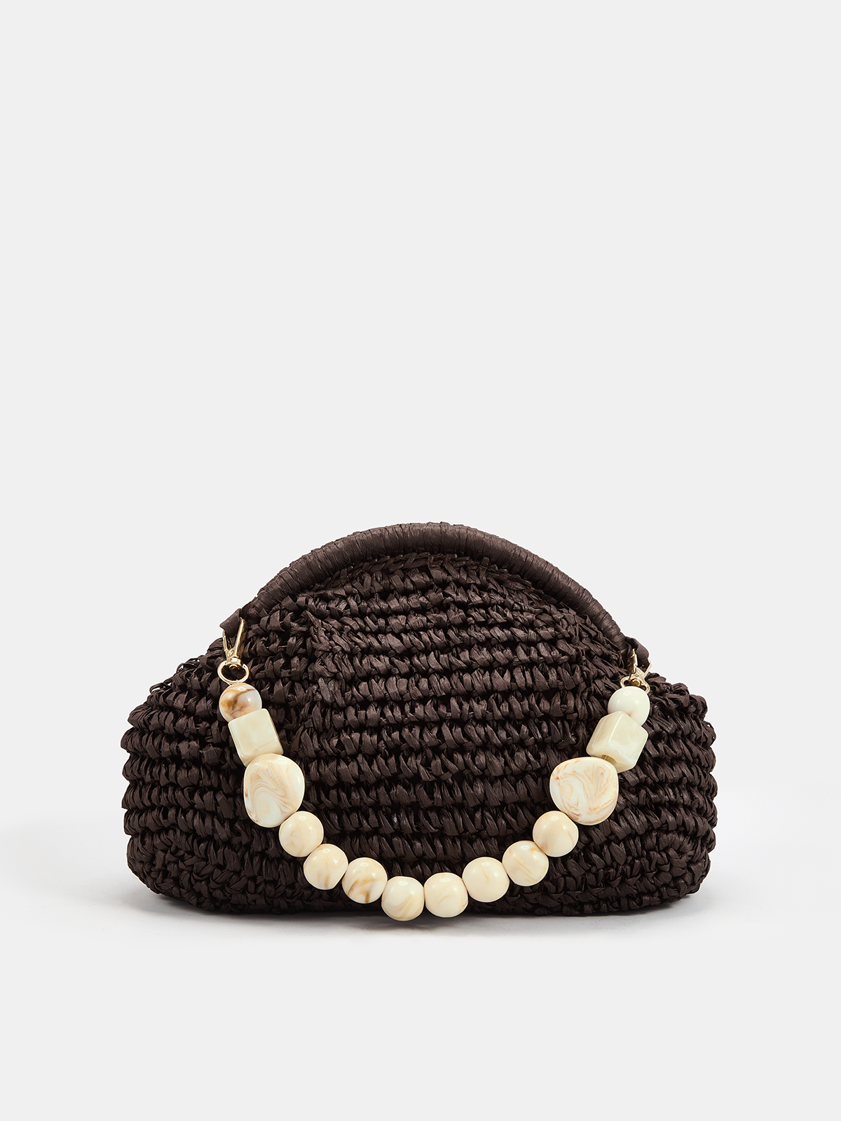 Dark Brown Woven Straw Handbag with Marble Bead Chain