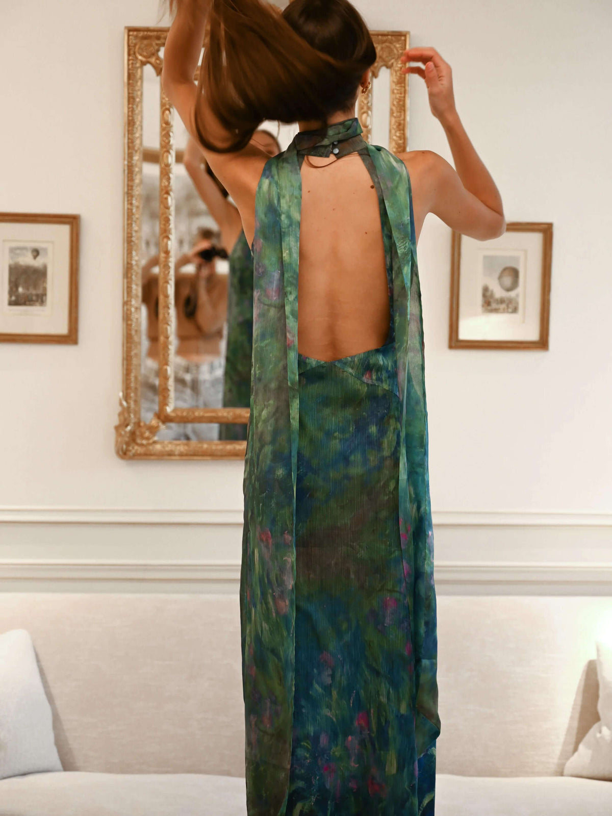 Dark Green Floral Chiffon Maxi Dress with Open Back