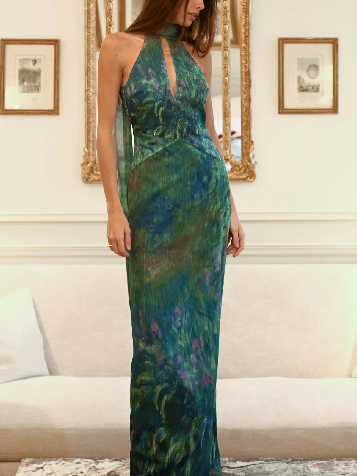 Dark Green Floral Chiffon Maxi Dress with Open Back