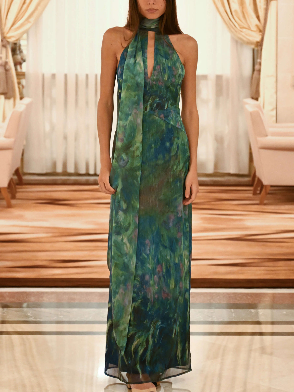 Dark Green Floral Chiffon Maxi Dress with Open Back