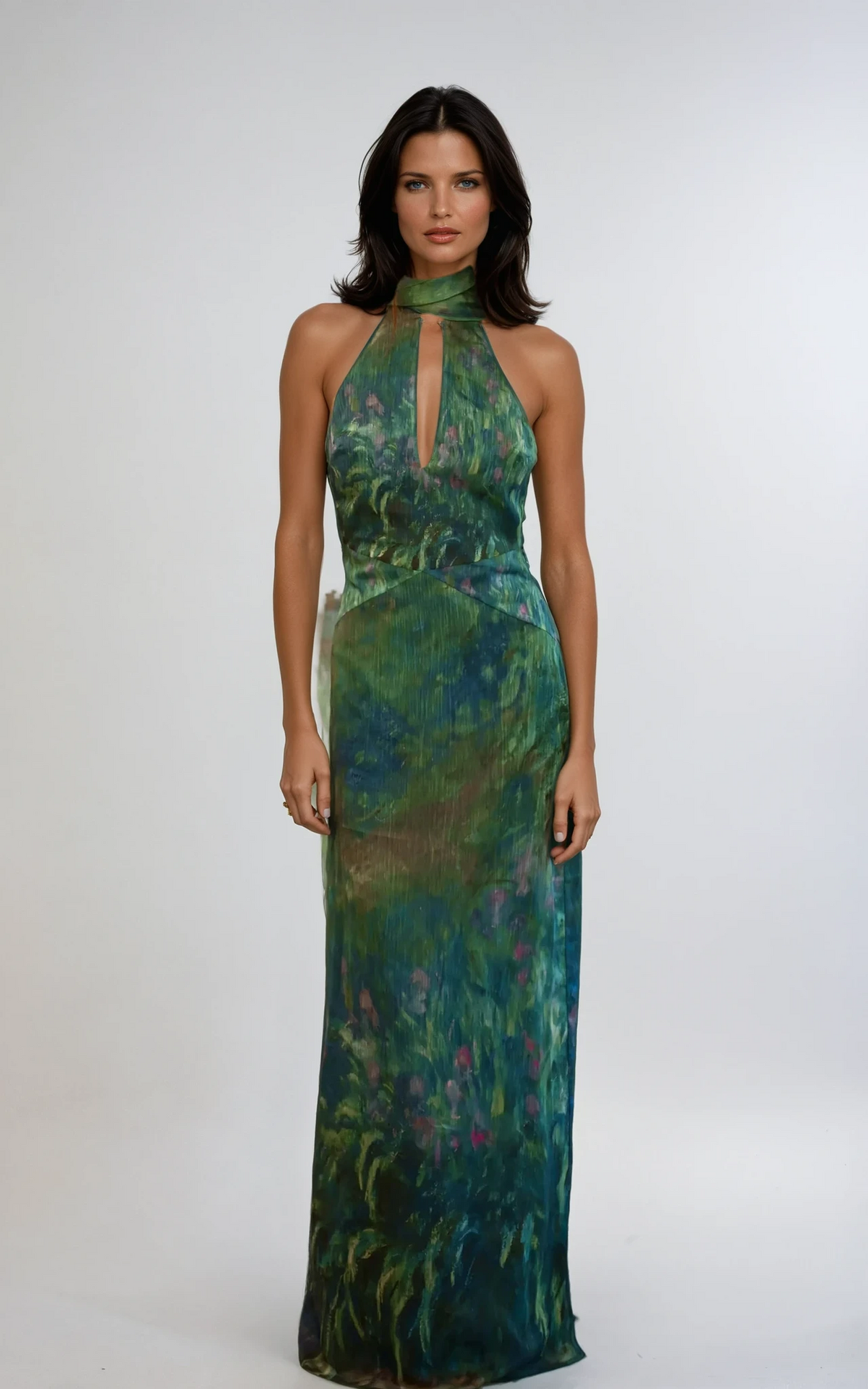 Dark Green Floral Chiffon Maxi Dress with Open Back