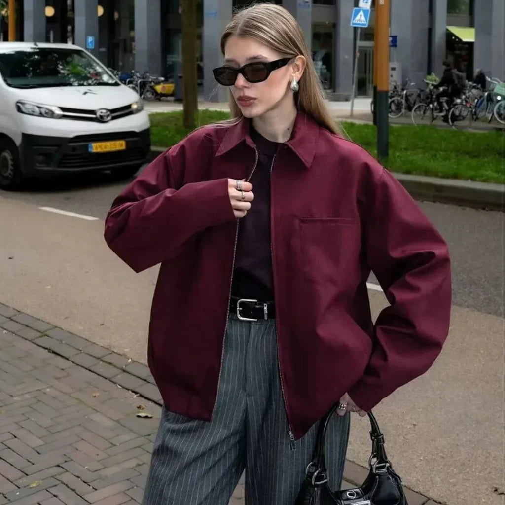 Dark Red Cropped Jacket and Bubble Mini Skirt Set