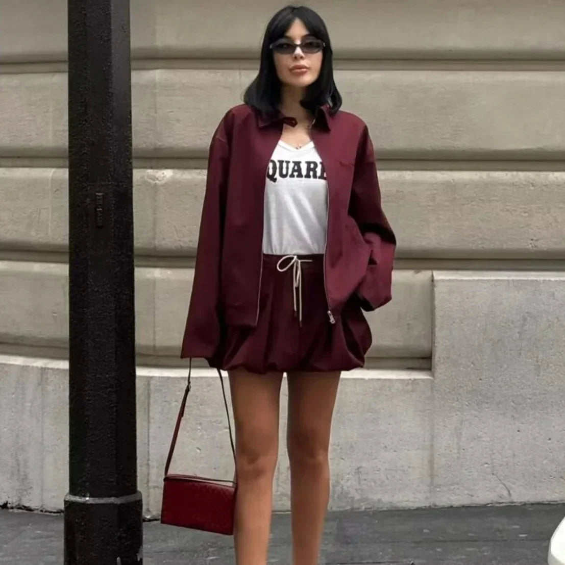 Dark Red Cropped Jacket and Bubble Mini Skirt Set
