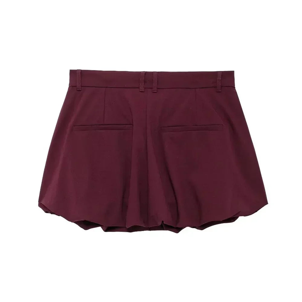 Dark Red Cropped Jacket and Bubble Mini Skirt Set