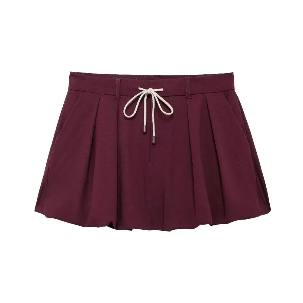 Dark Red Cropped Jacket and Bubble Mini Skirt Set