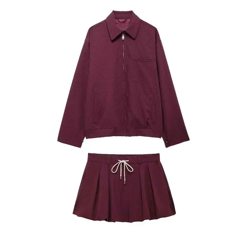 Dark Red Cropped Jacket and Bubble Mini Skirt Set