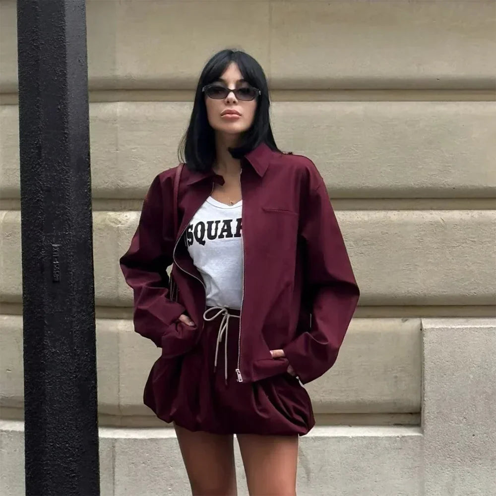 Dark Red Cropped Jacket and Bubble Mini Skirt Set