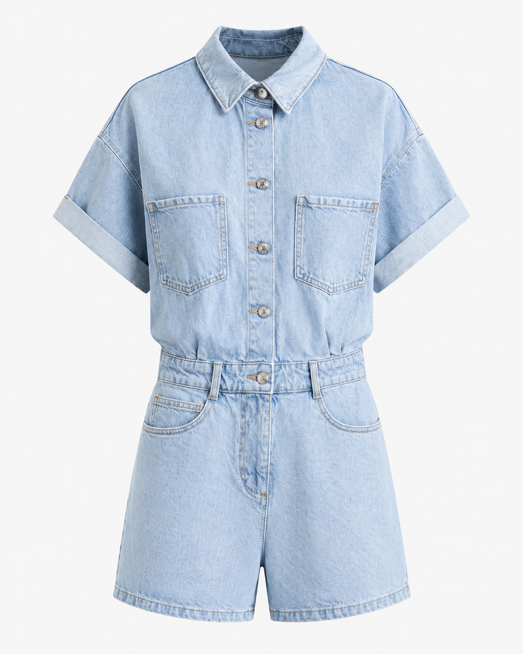 Denim Short Sleeve Button Front Jumpsuit