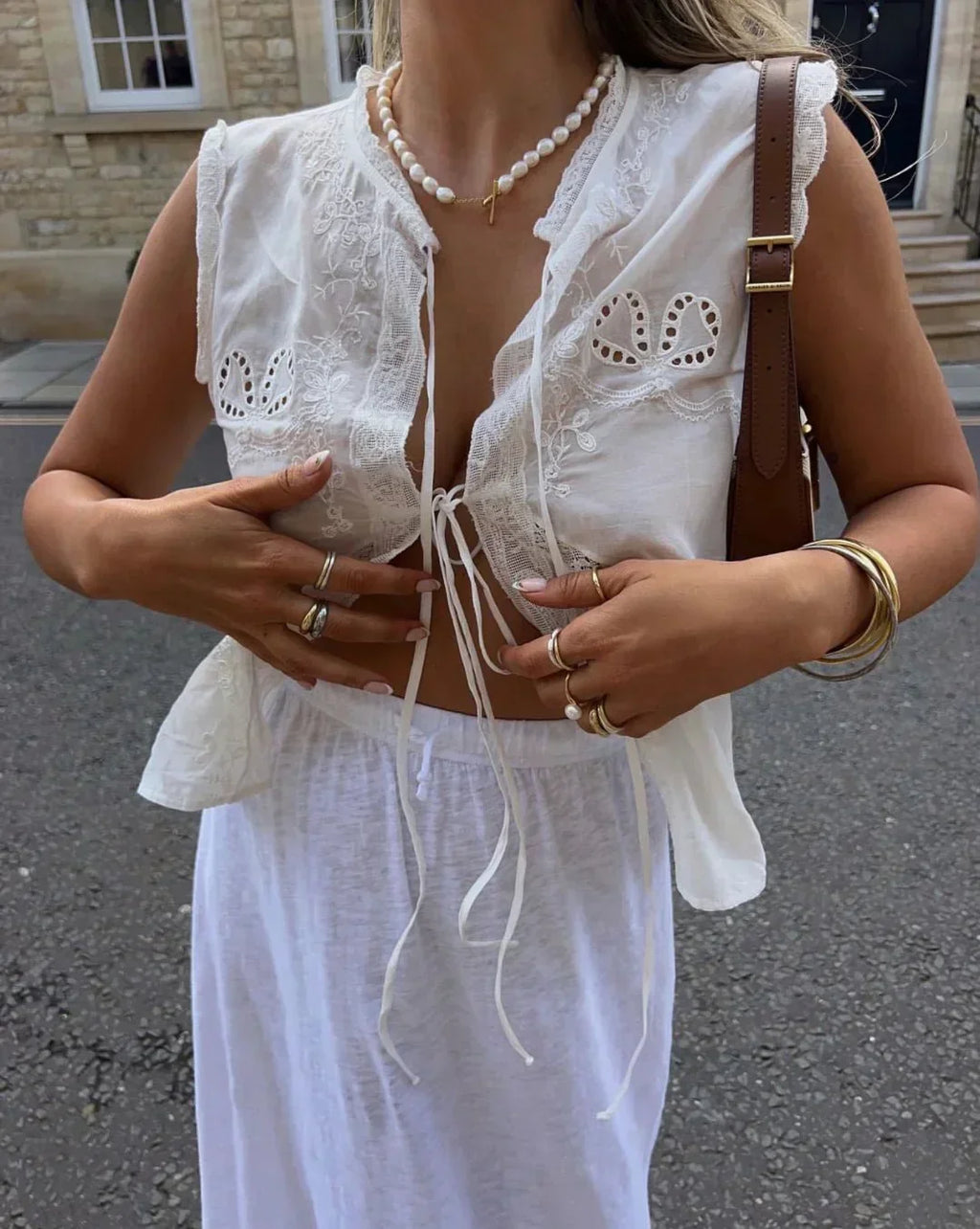 Embroidered Lace Tie Front Sleeveless Top