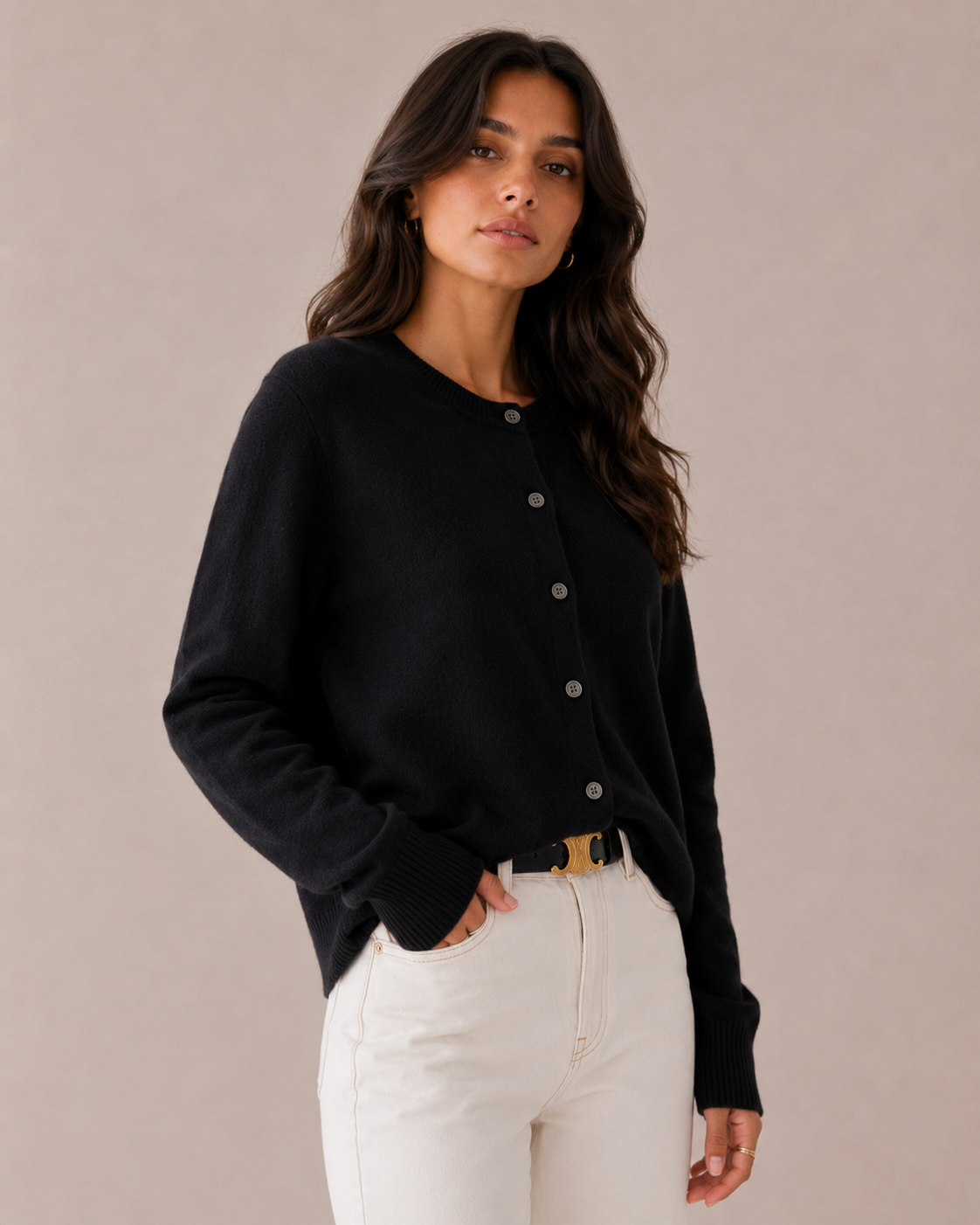 Fine Knit Fitted Crew Neck Cardigan