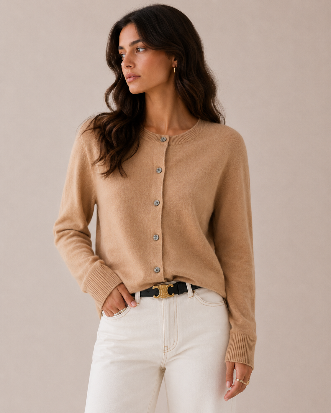 Fine Knit Fitted Crew Neck Cardigan