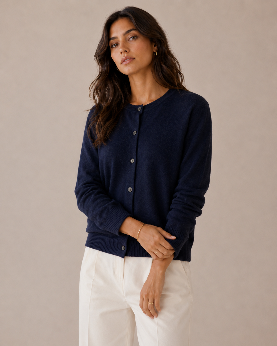 Fine Knit Fitted Crew Neck Cardigan