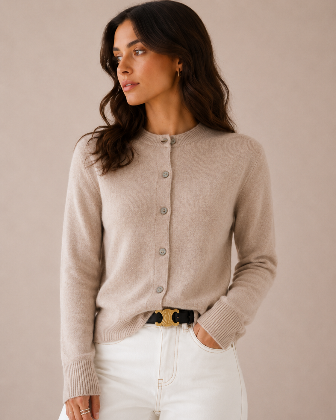 Fine Knit Fitted Crew Neck Cardigan