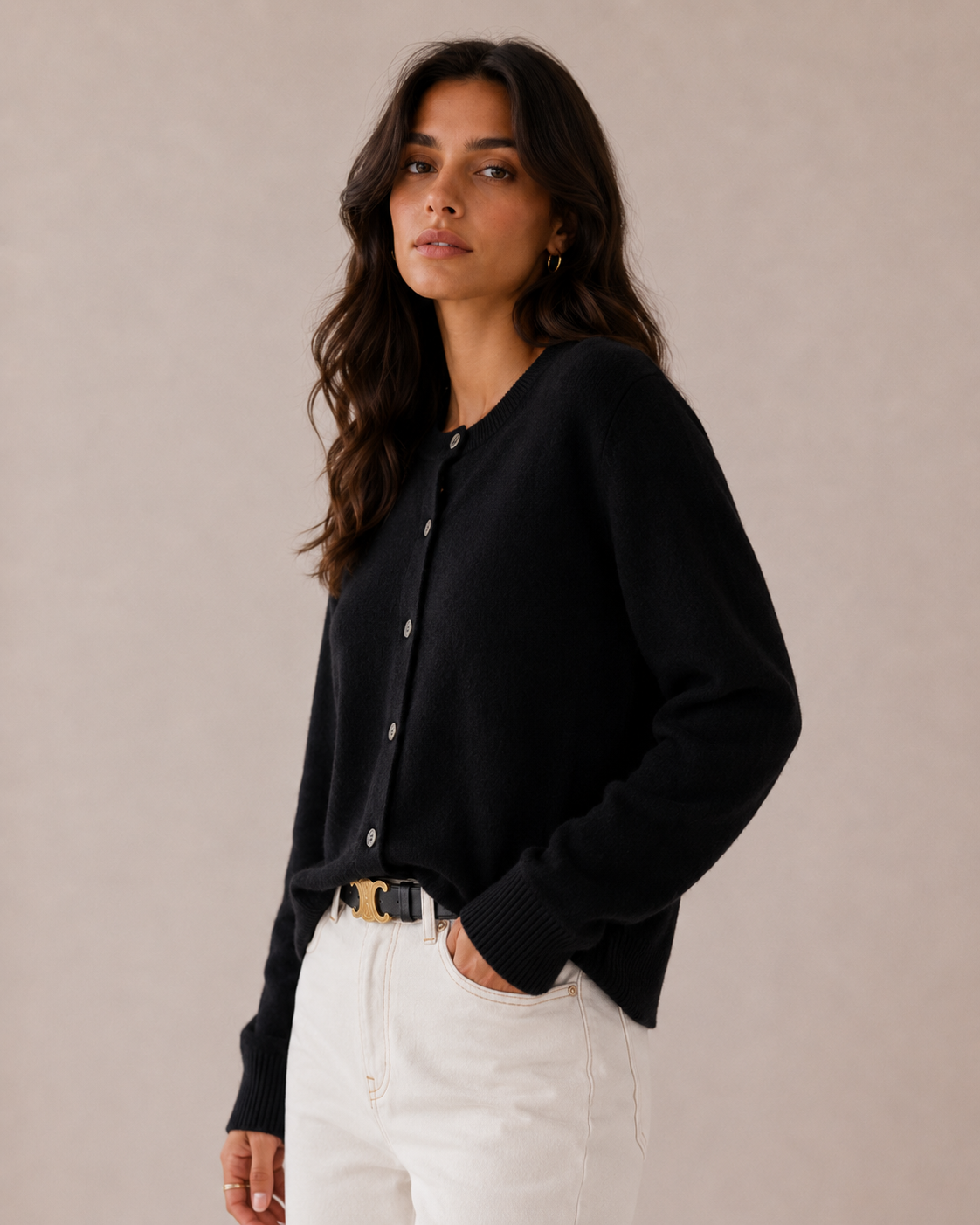 Fine Knit Fitted Crew Neck Cardigan