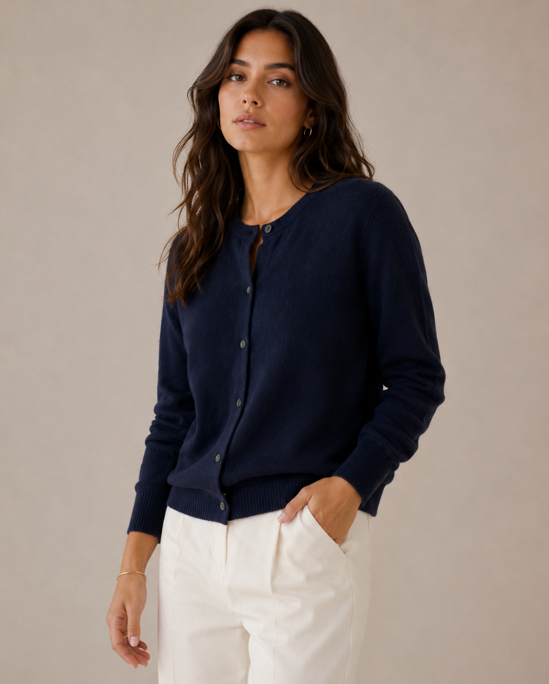 Fine Knit Fitted Crew Neck Cardigan