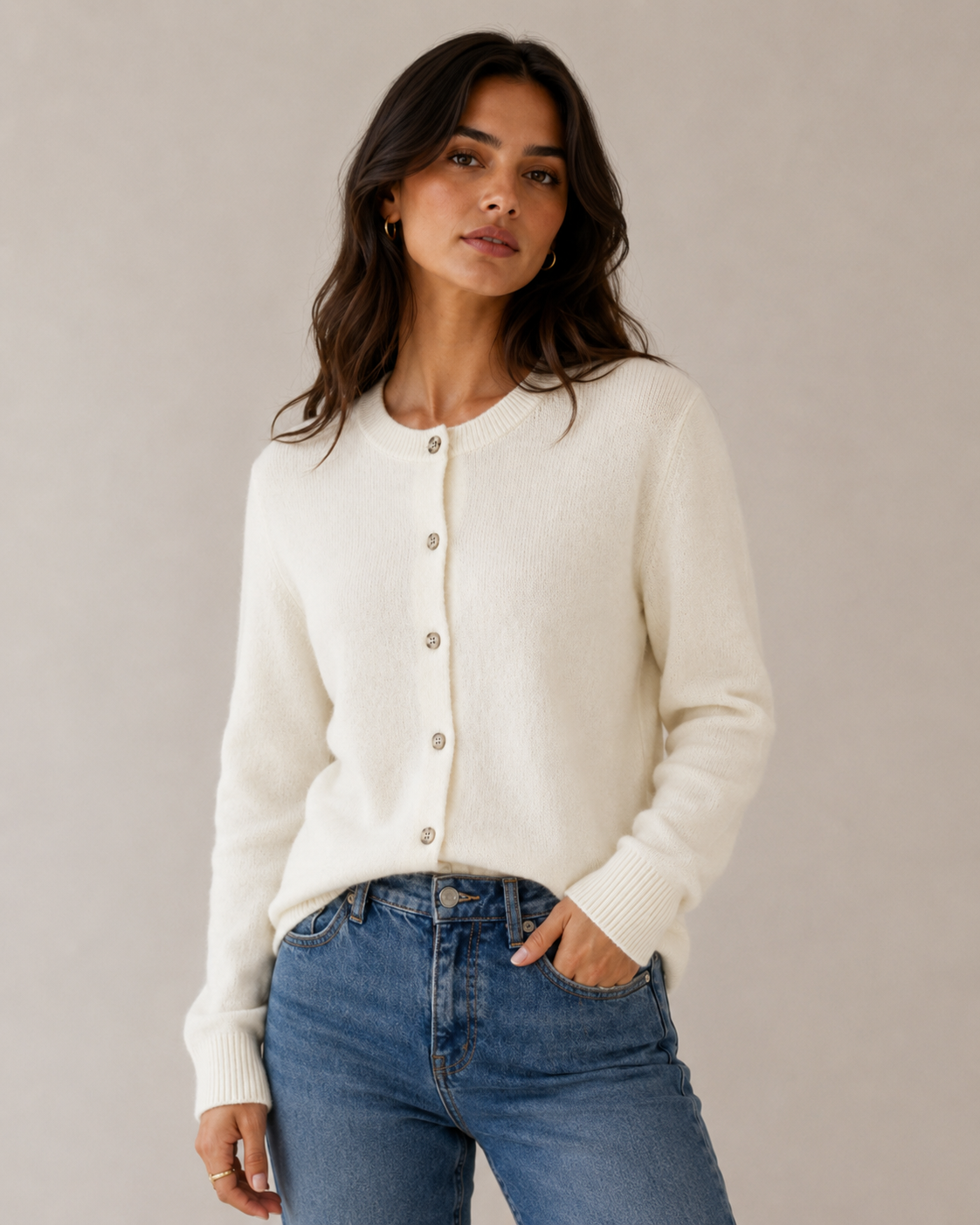 Fine Knit Fitted Crew Neck Cardigan