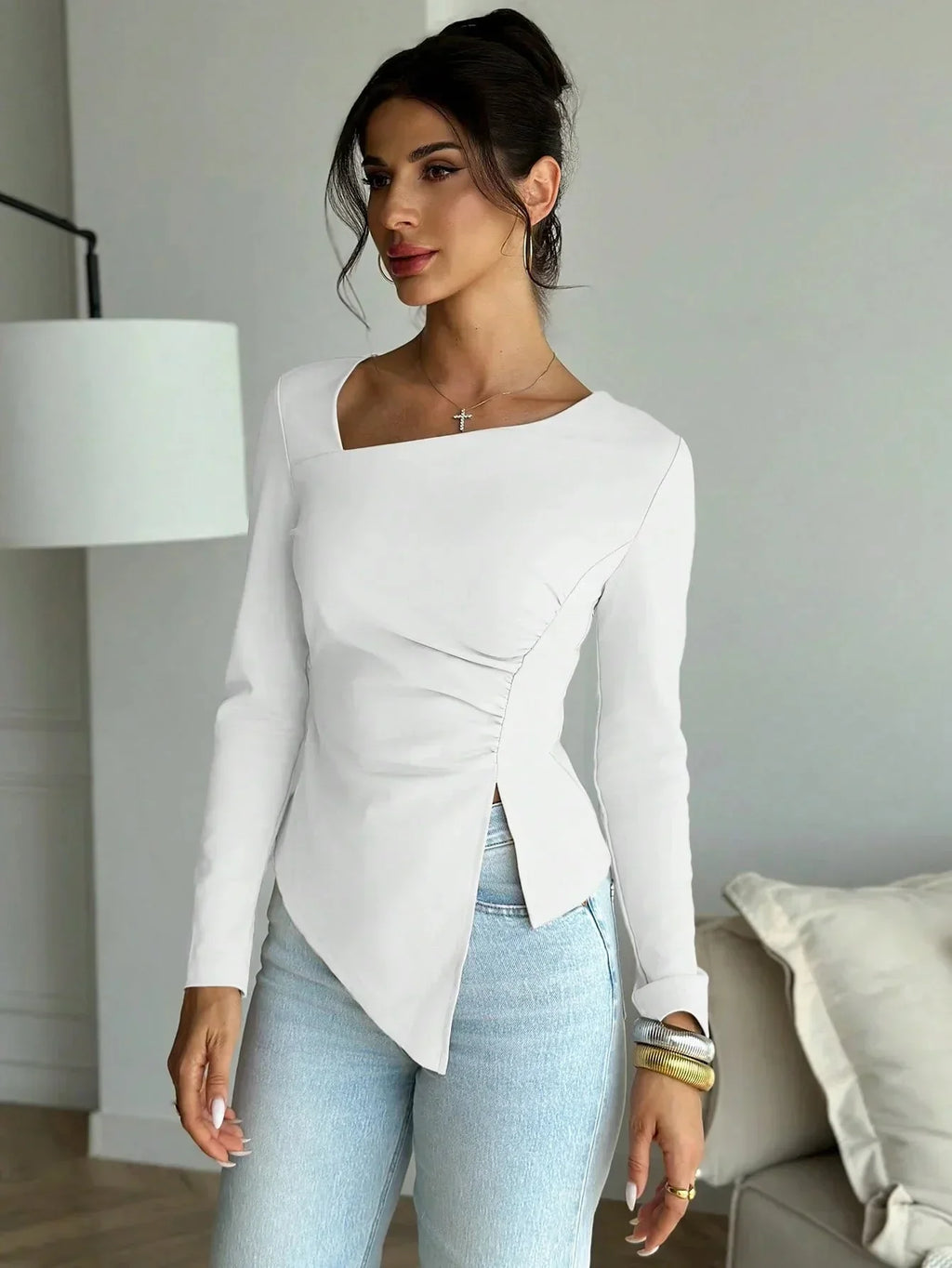Fitted Long Sleeve Asymmetric Neck Top