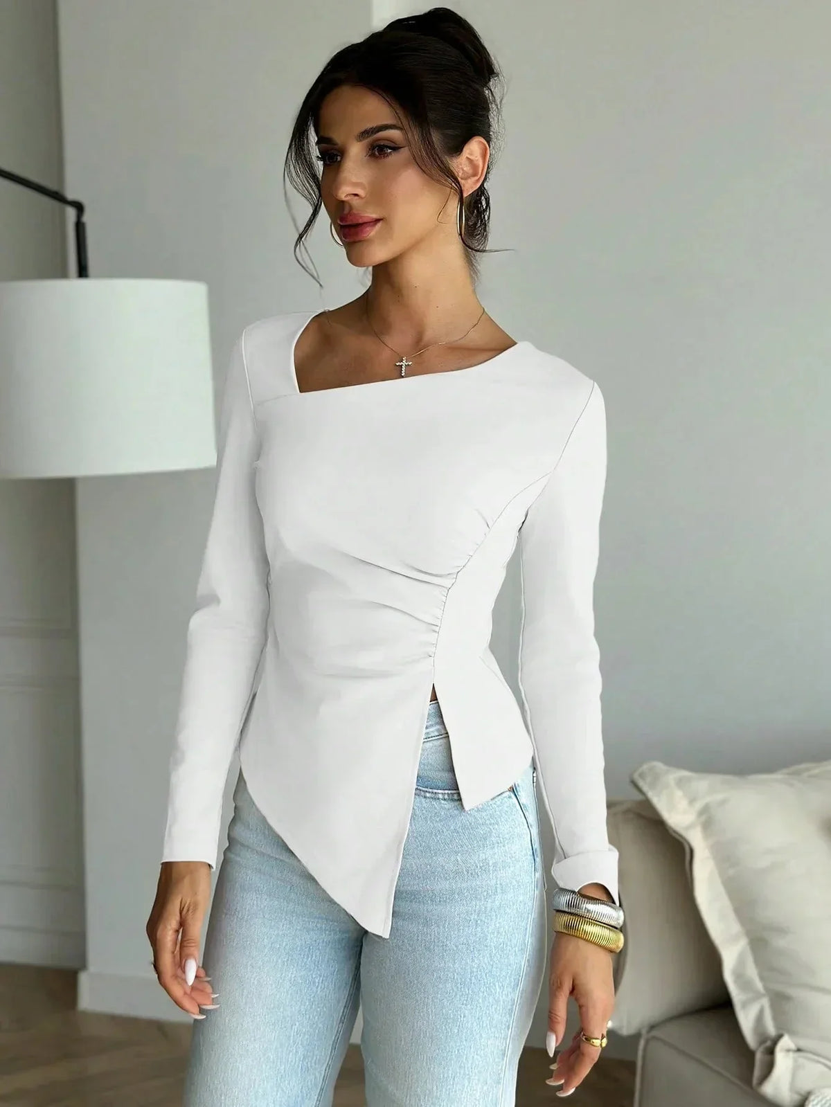 Fitted Long Sleeve Asymmetric Neck Top