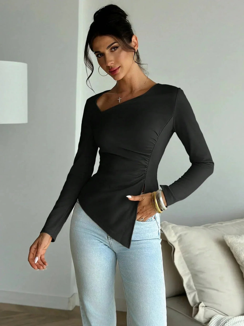 Fitted Long Sleeve Asymmetric Neck Top