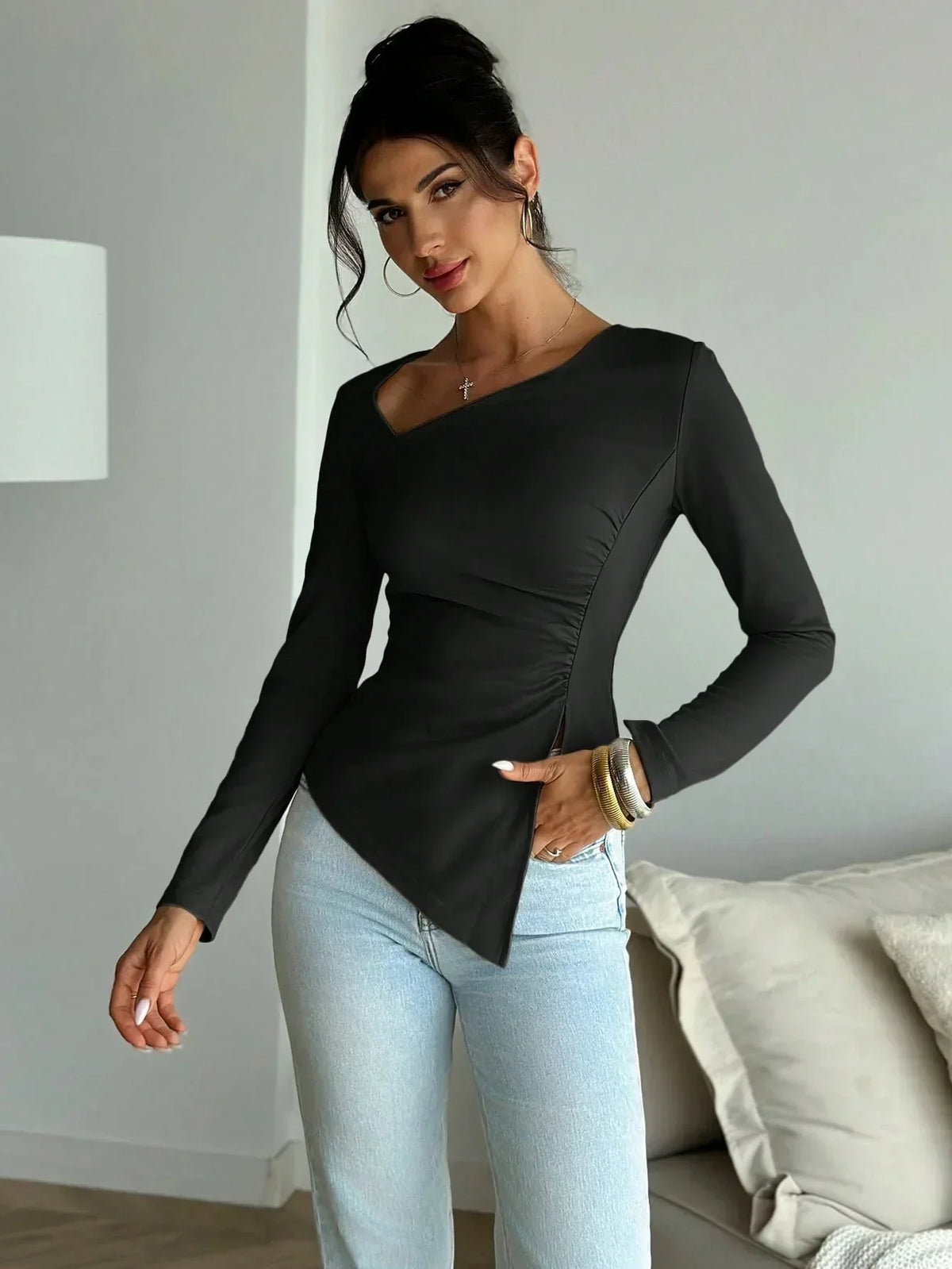 Fitted Long Sleeve Asymmetric Neck Top