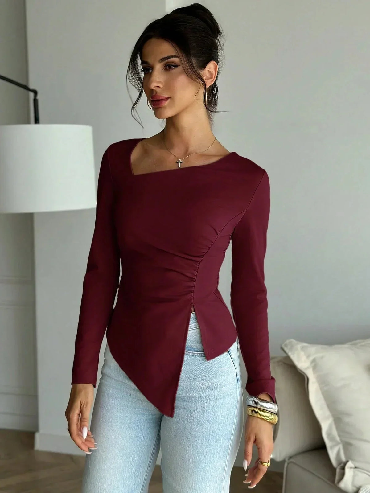 Fitted Long Sleeve Asymmetric Neck Top
