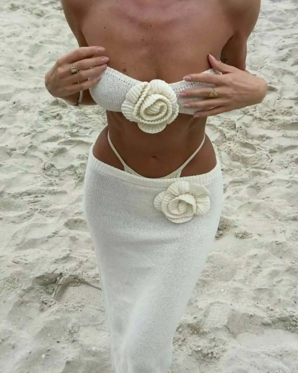 Floral Patchwork Knit Bandeau Top and Maxi Skirt Set
