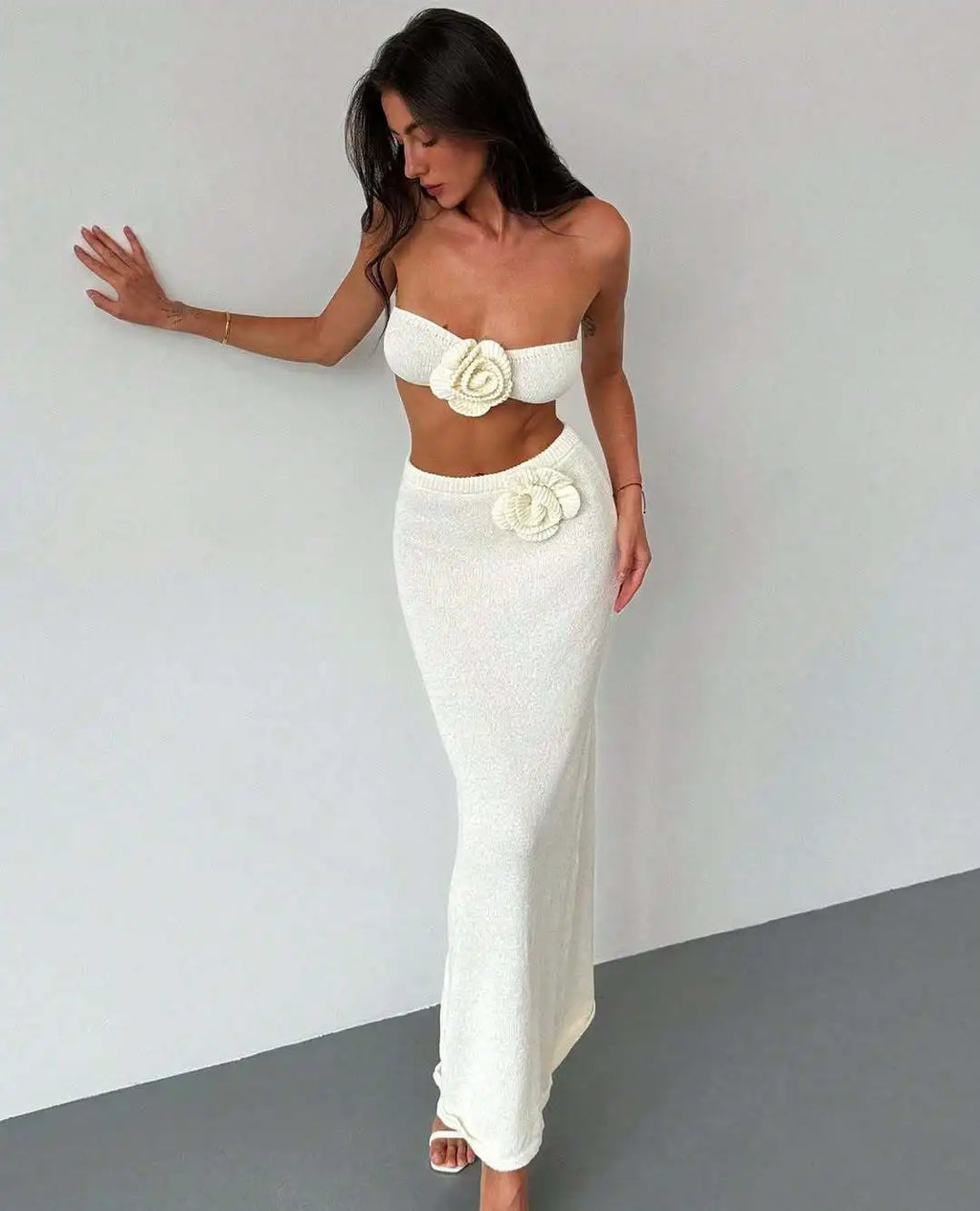 Floral Patchwork Knit Bandeau Top and Maxi Skirt Set