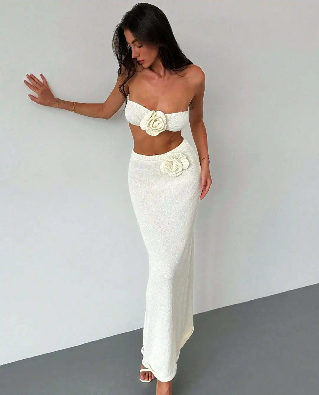 Floral Patchwork Knit Bandeau Top and Maxi Skirt Set