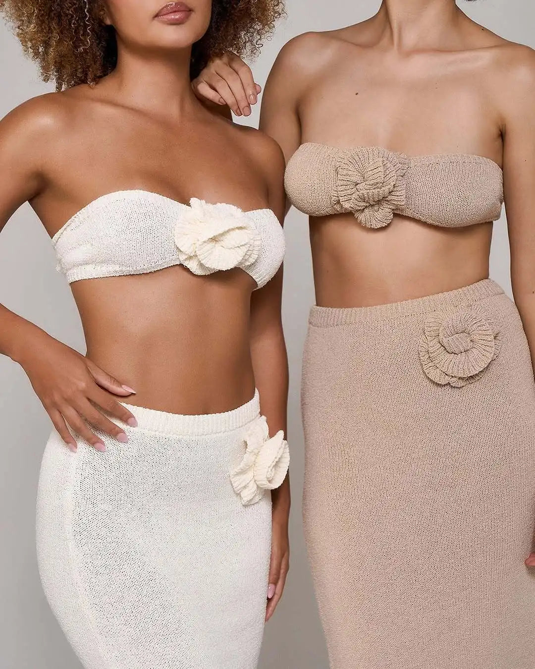 Floral Patchwork Knit Bandeau Top and Maxi Skirt Set