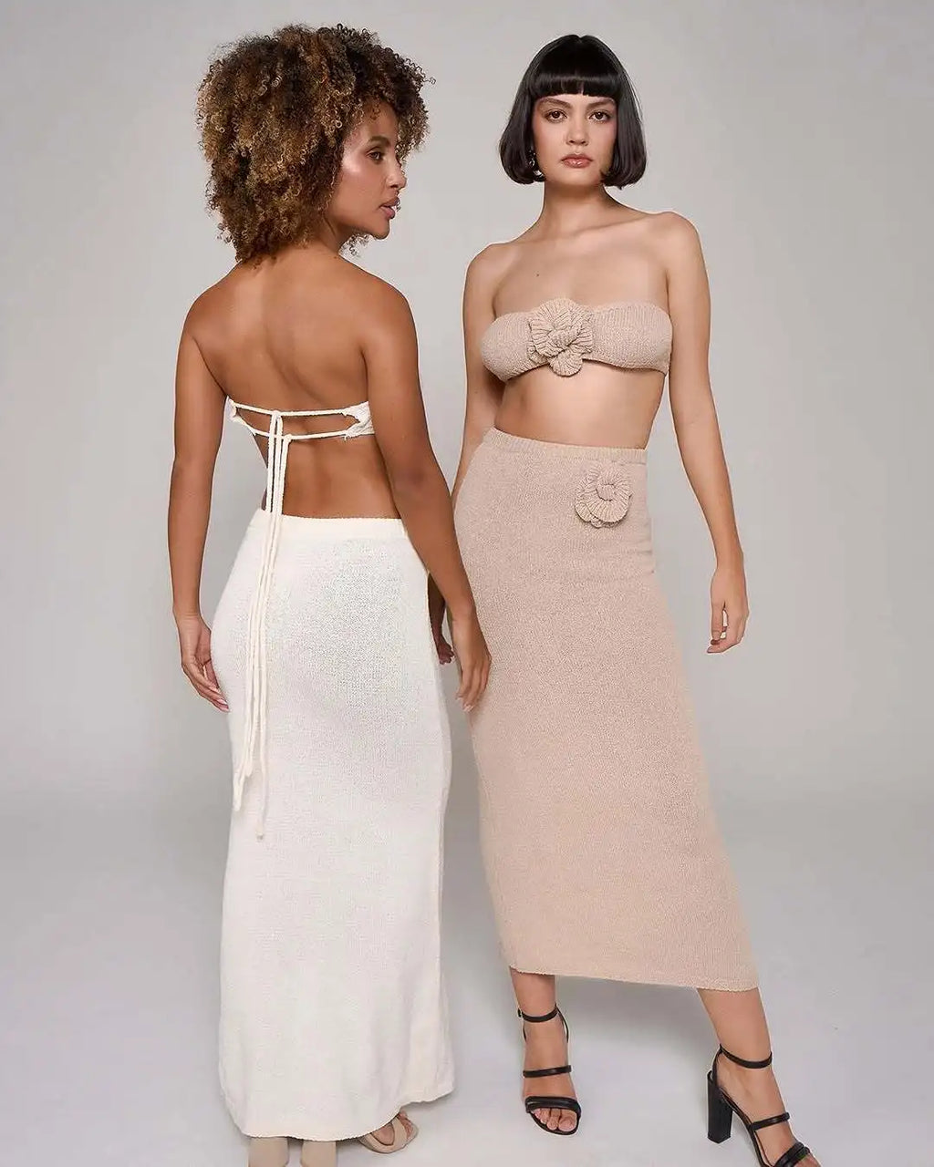 Floral Patchwork Knit Bandeau Top and Maxi Skirt Set