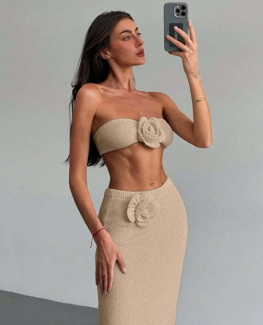 Floral Patchwork Knit Bandeau Top and Maxi Skirt Set