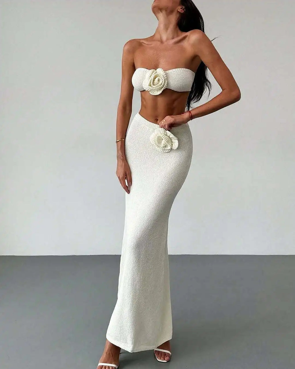 Floral Patchwork Knit Bandeau Top and Maxi Skirt Set
