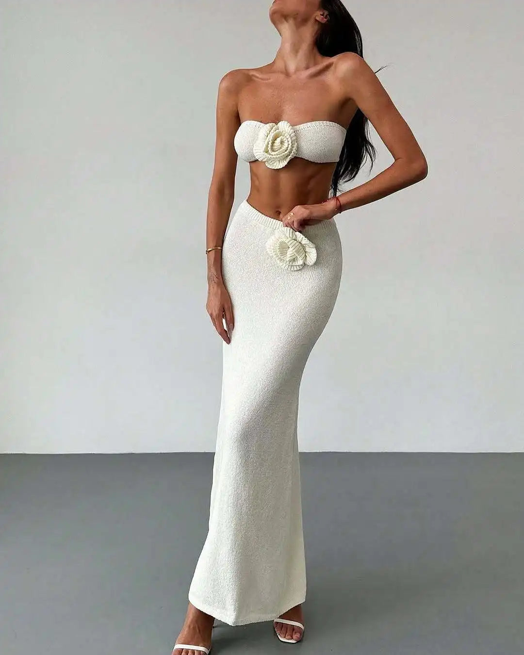 Floral Patchwork Knit Bandeau Top and Maxi Skirt Set