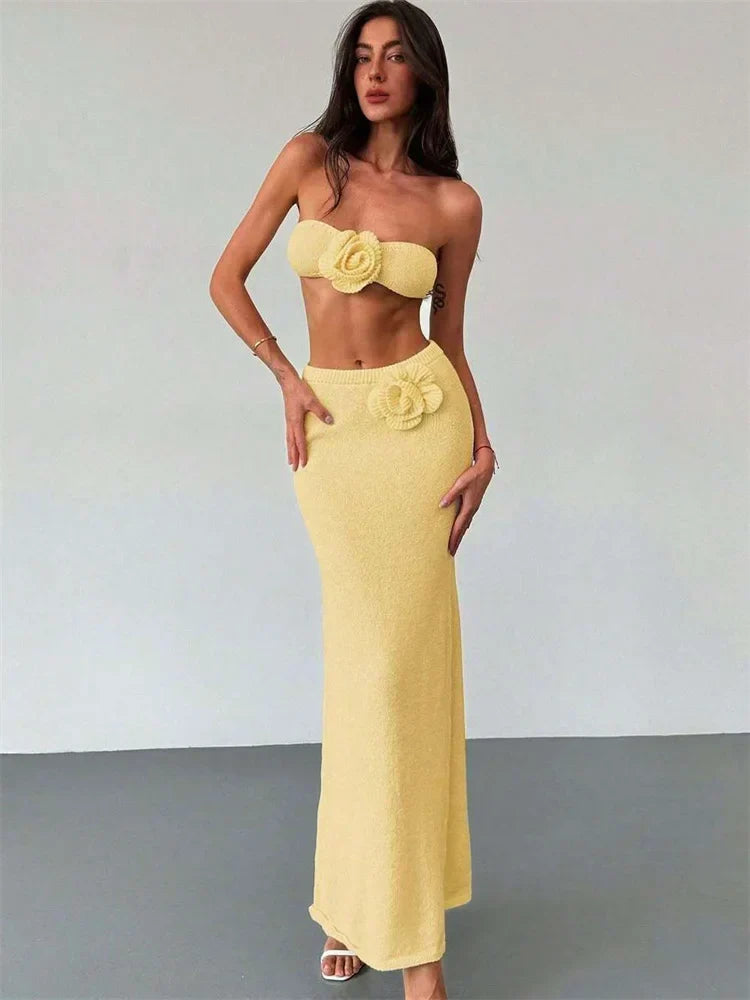 Floral Patchwork Knit Bandeau Top and Maxi Skirt Set
