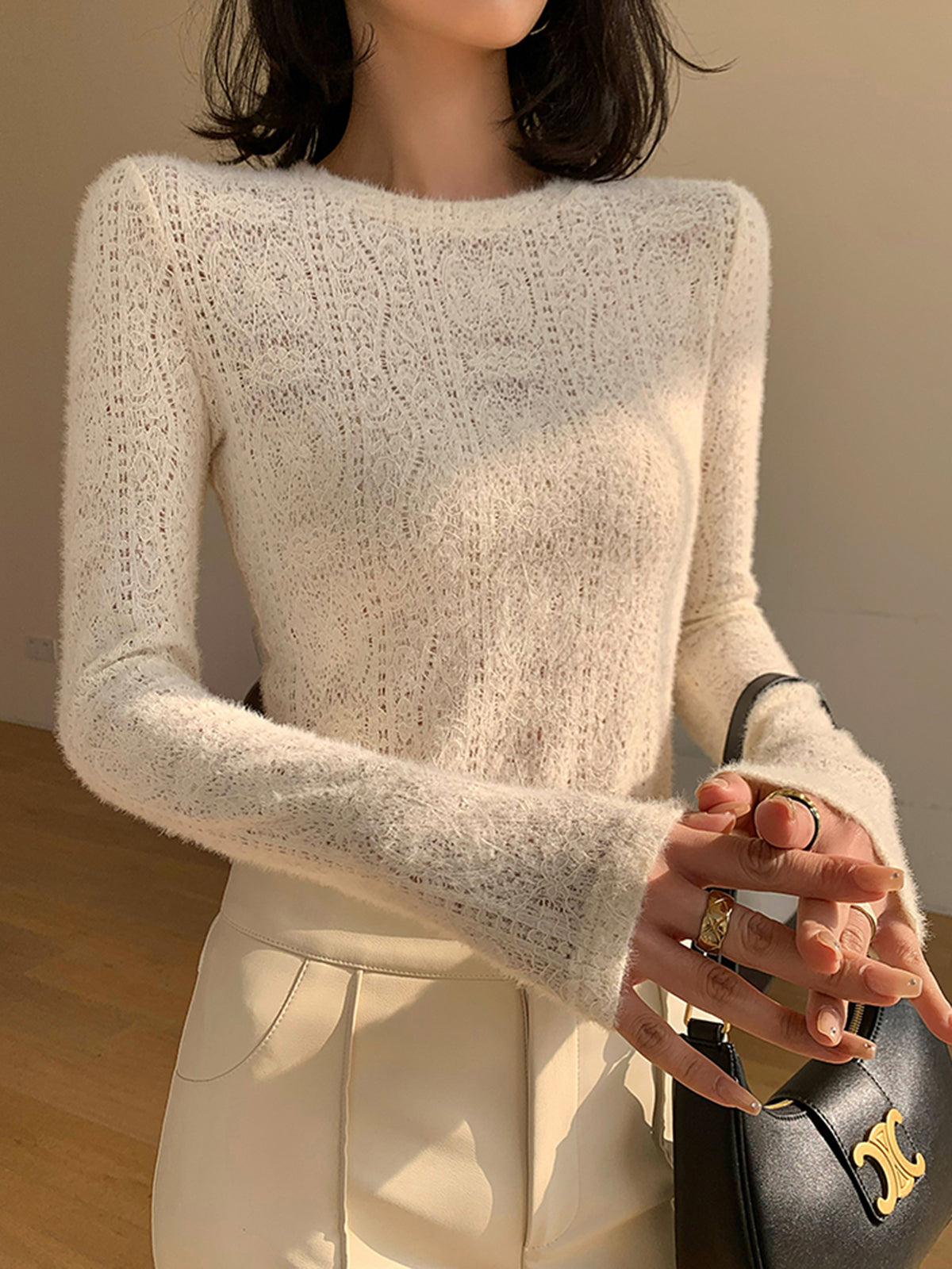 Floral Pointelle Knit Crew Neck Long Sleeve Top