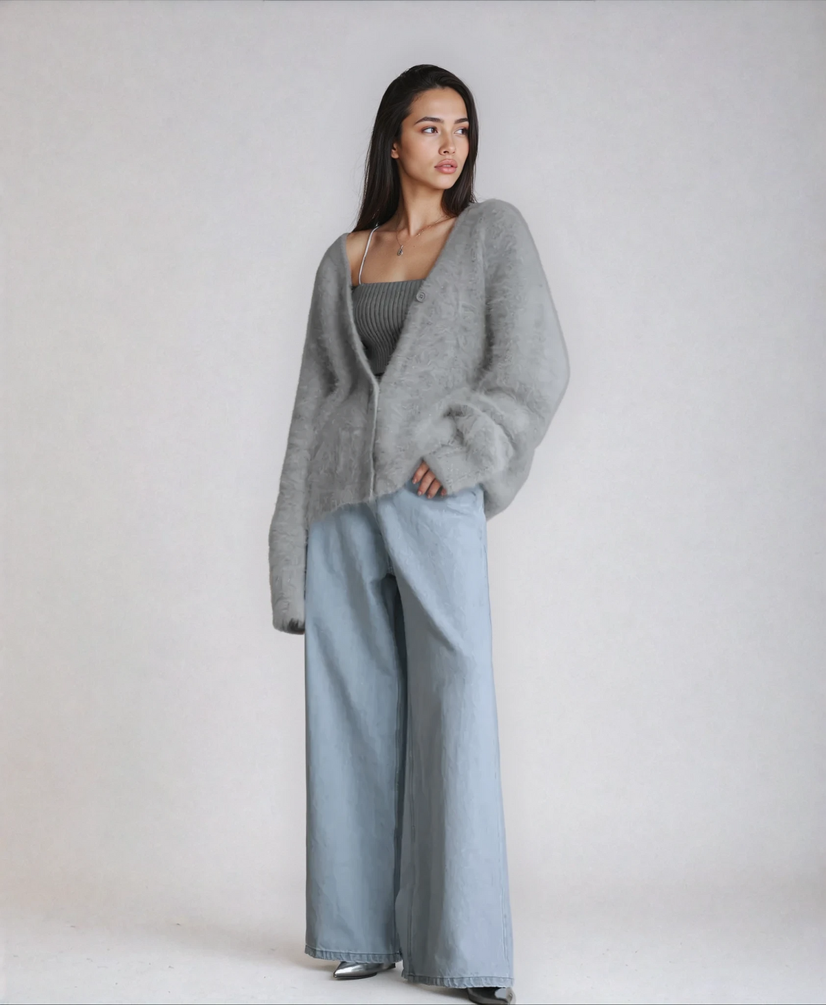 Fluffy Oversized Deep V-Neck Knit Cardigan