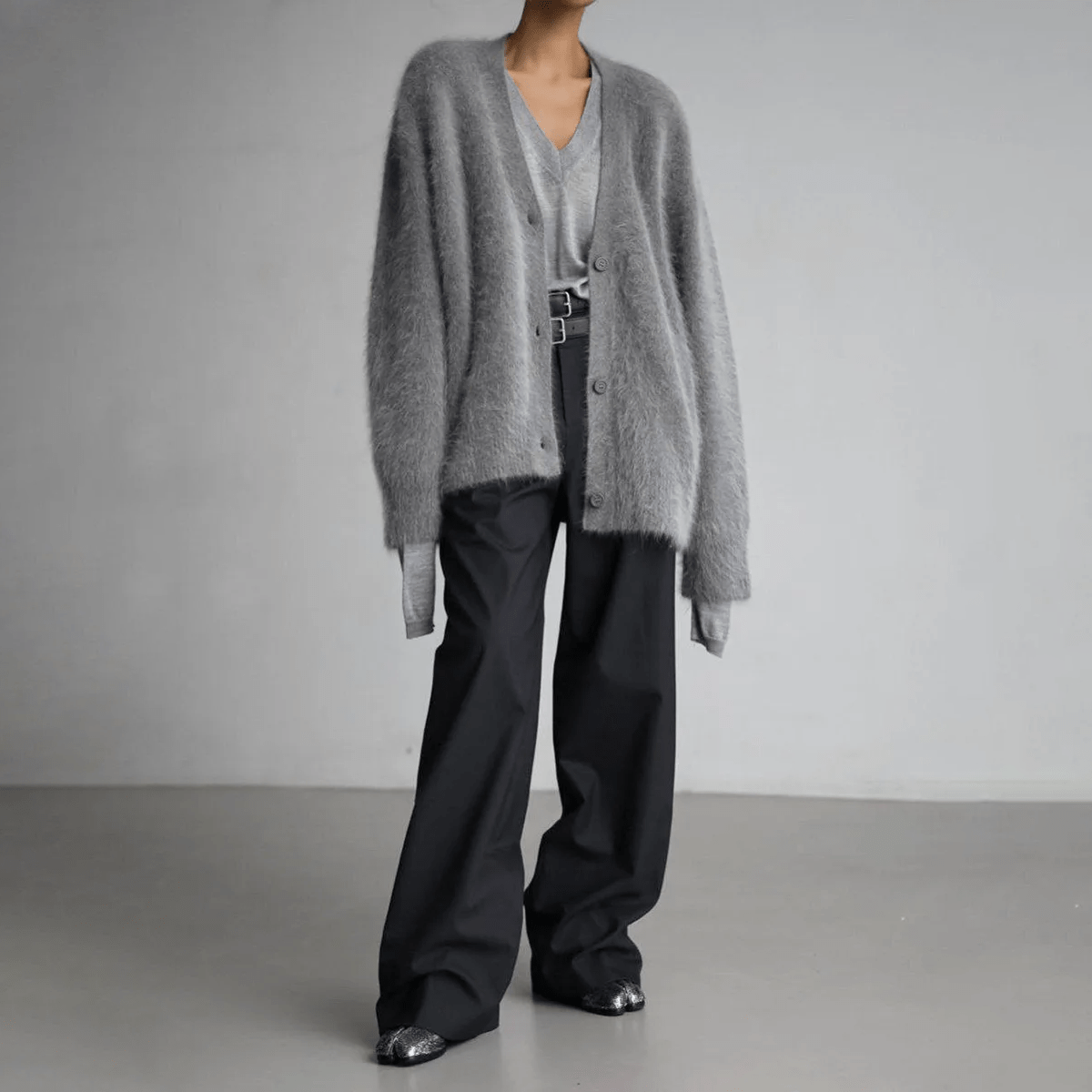 Fluffy Oversized Deep V-Neck Knit Cardigan